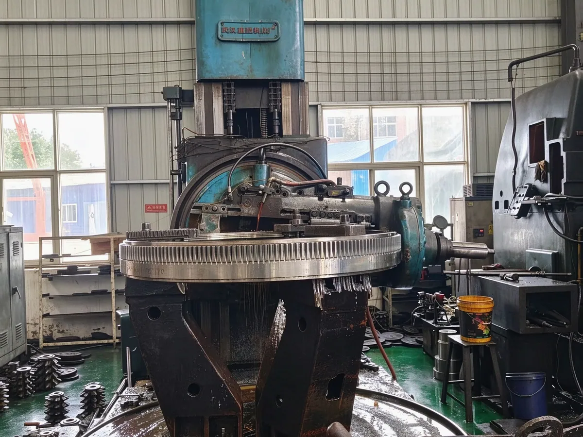 Gear hobbing machine cutting a large gear