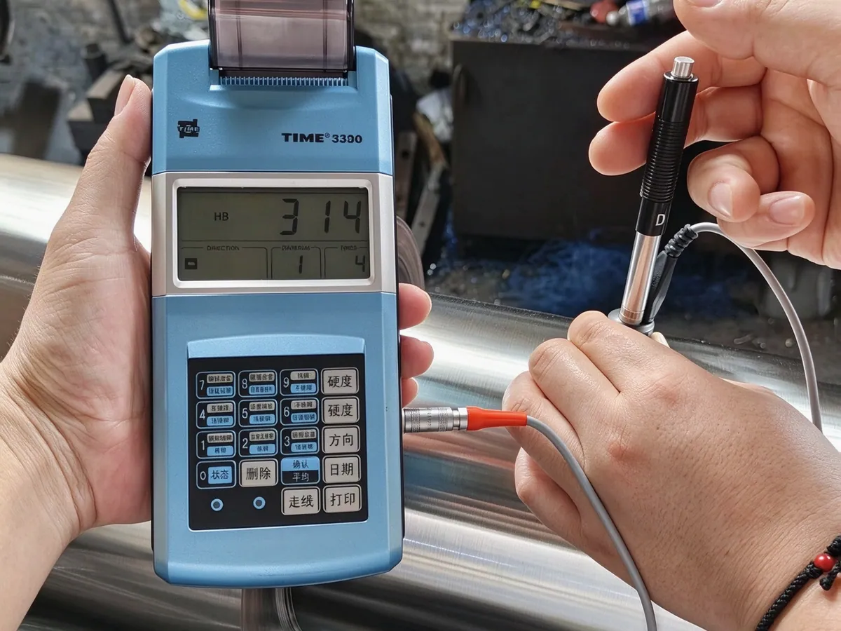 Portable hardness tester checking a shaft