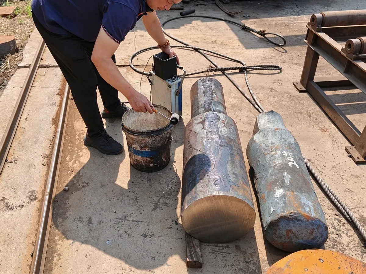 Inspector using an ultrasonic flaw detector on a forged shaft