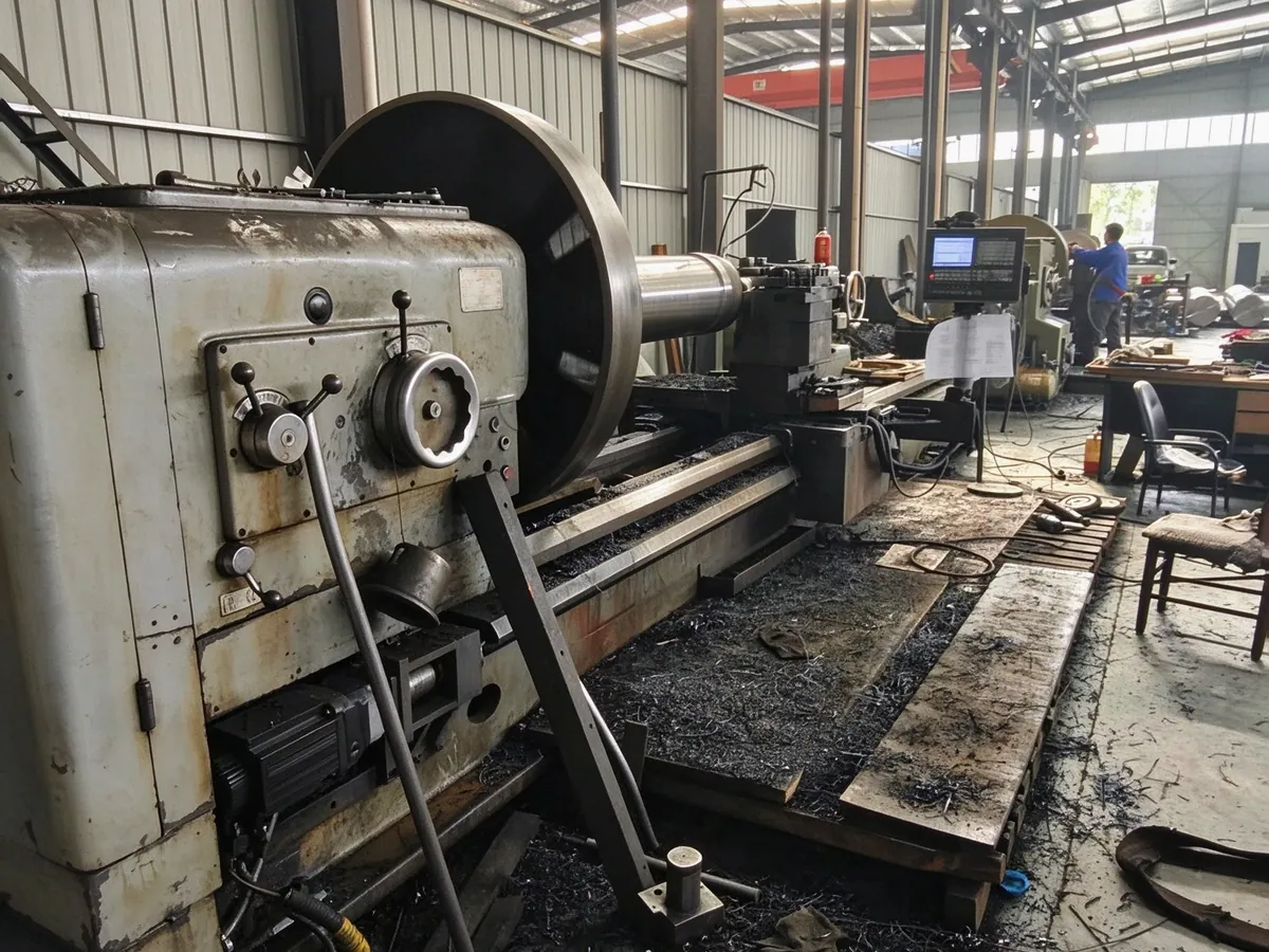 5 m horizontal lathe turning a large shaft