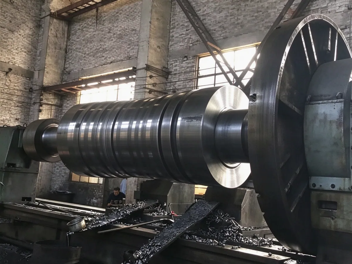 Large horizontal lathe turning a long shaft