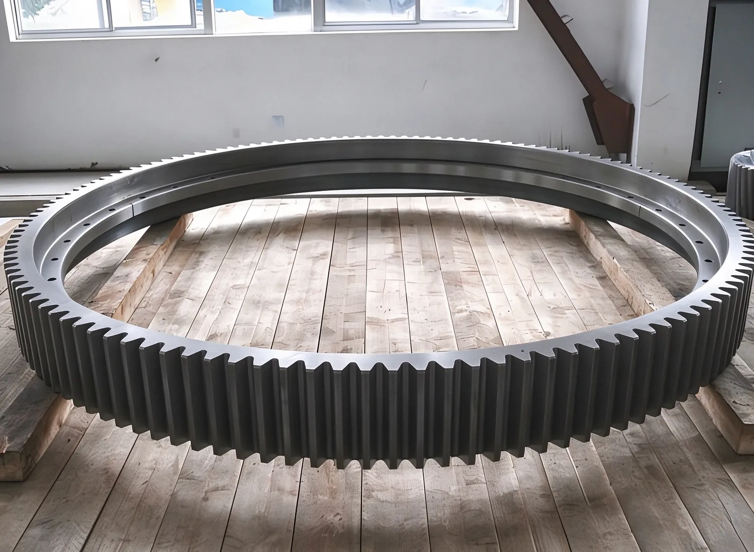 Split girth gear ring on trestles in the Linyao workshop