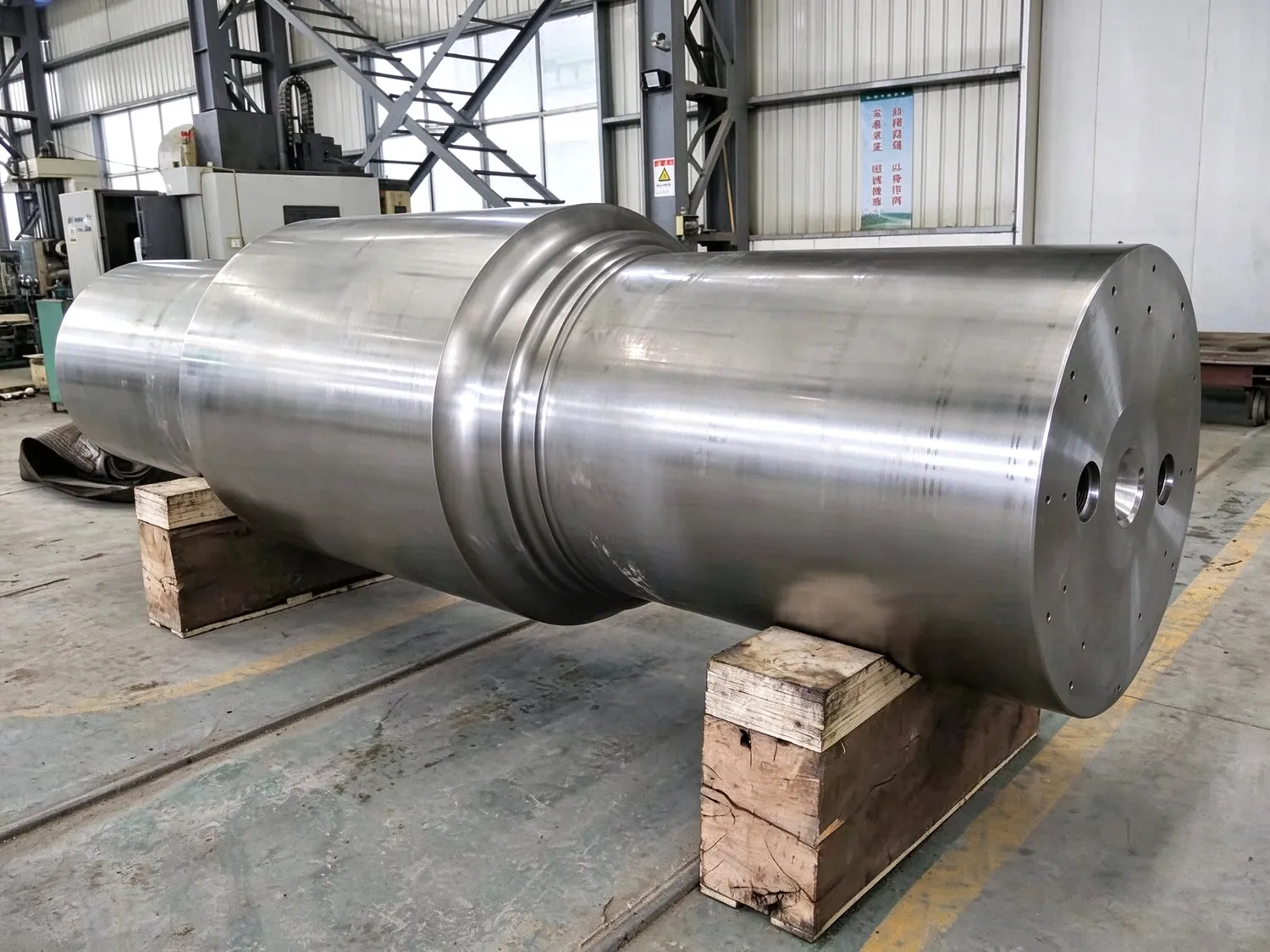 Large stepped shaft on timber bearers in the Linyao workshop
